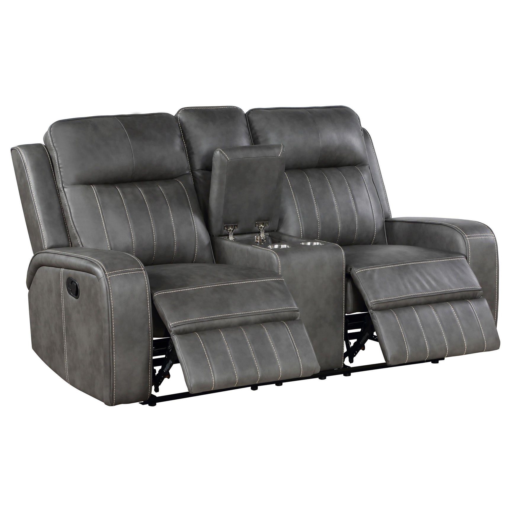 Raelynn grey upholstered motion reclining sofa set front view
