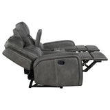 Raelynn grey upholstered motion reclining sofa set front view