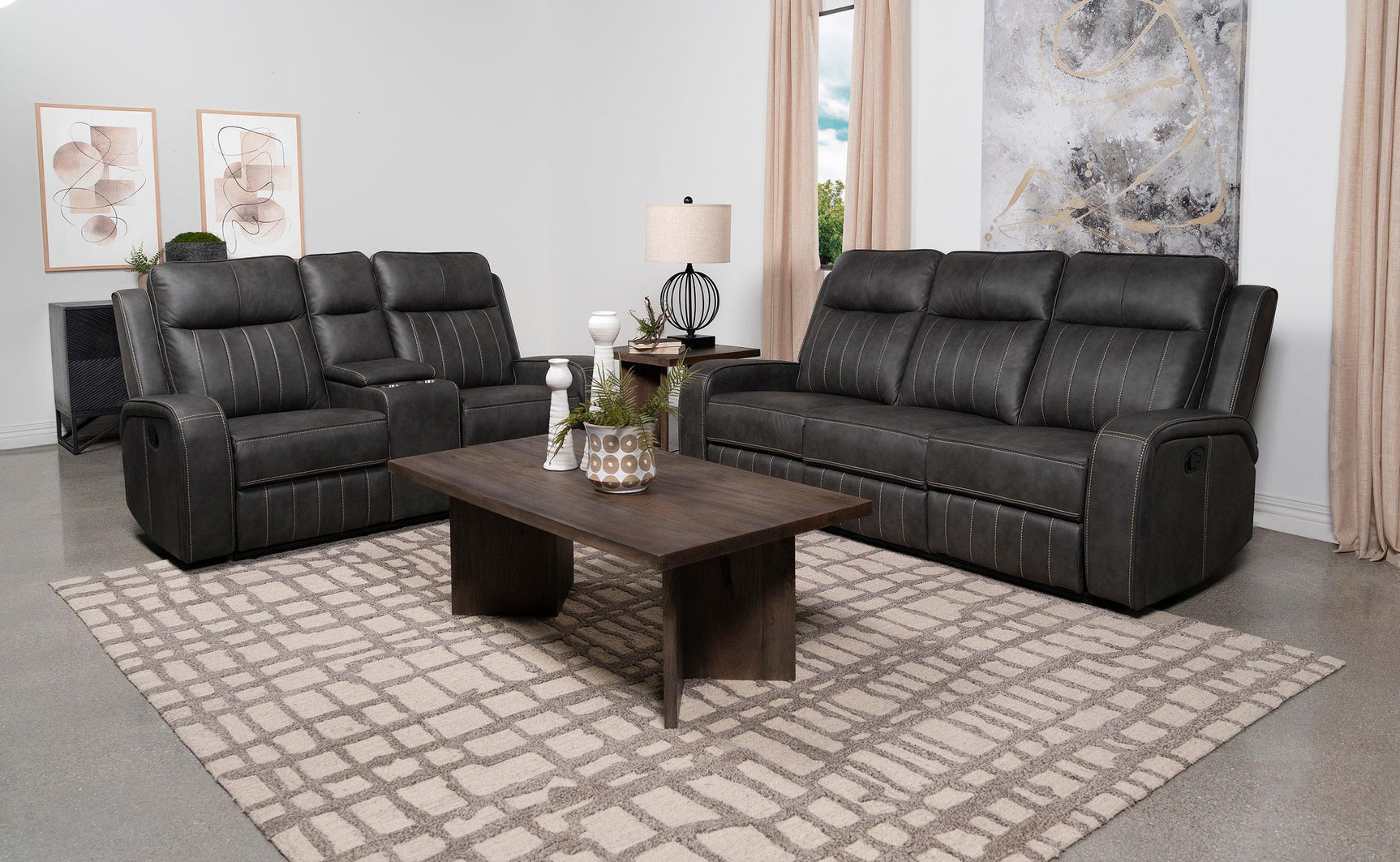 Raelynn grey upholstered reclining loveseat with console