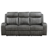 Close-up of grey leatherette upholstery with topstitching