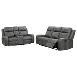 Side view of Raelynn grey reclining sofa showing plush cushions
