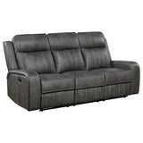 Back view of Raelynn reclining sofa set in grey leatherette