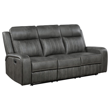 Back view of Raelynn reclining sofa set in grey leatherette