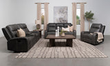 Raelynn reclining sofa set grey left side view