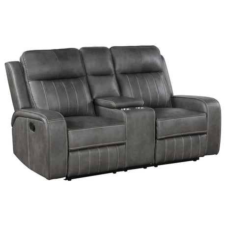 Raelynn grey upholstered motion reclining loveseat front view