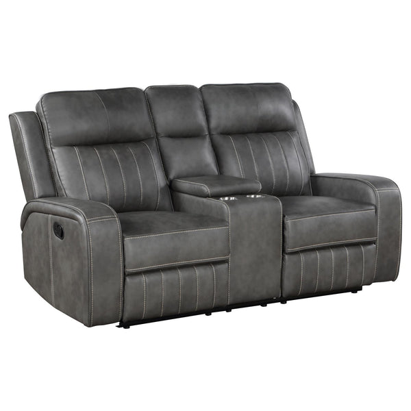 Raelynn grey upholstered motion reclining loveseat front view