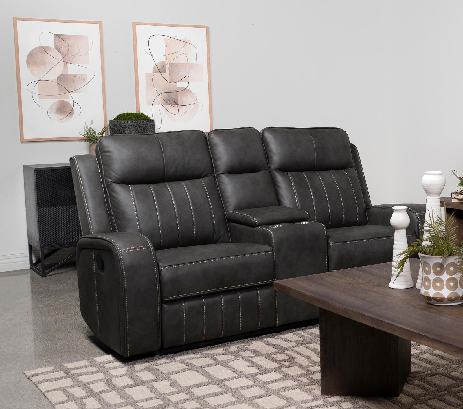 Side angle of Raelynn grey upholstered motion reclining loveseat