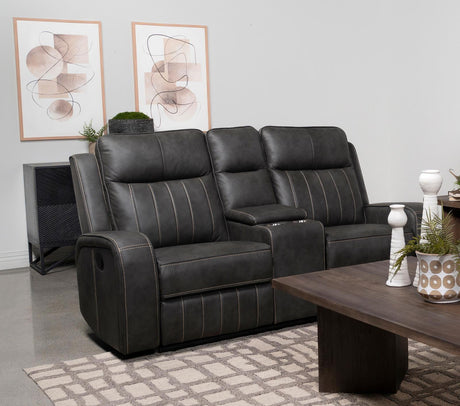 Side angle of Raelynn grey upholstered motion reclining loveseat