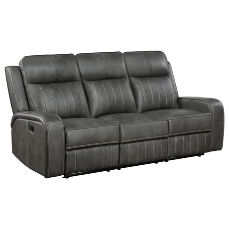 Raelynn Grey Upholstered Manual Reclining Sofa front angle