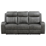 Close-up of grey leatherette upholstery with topstitching