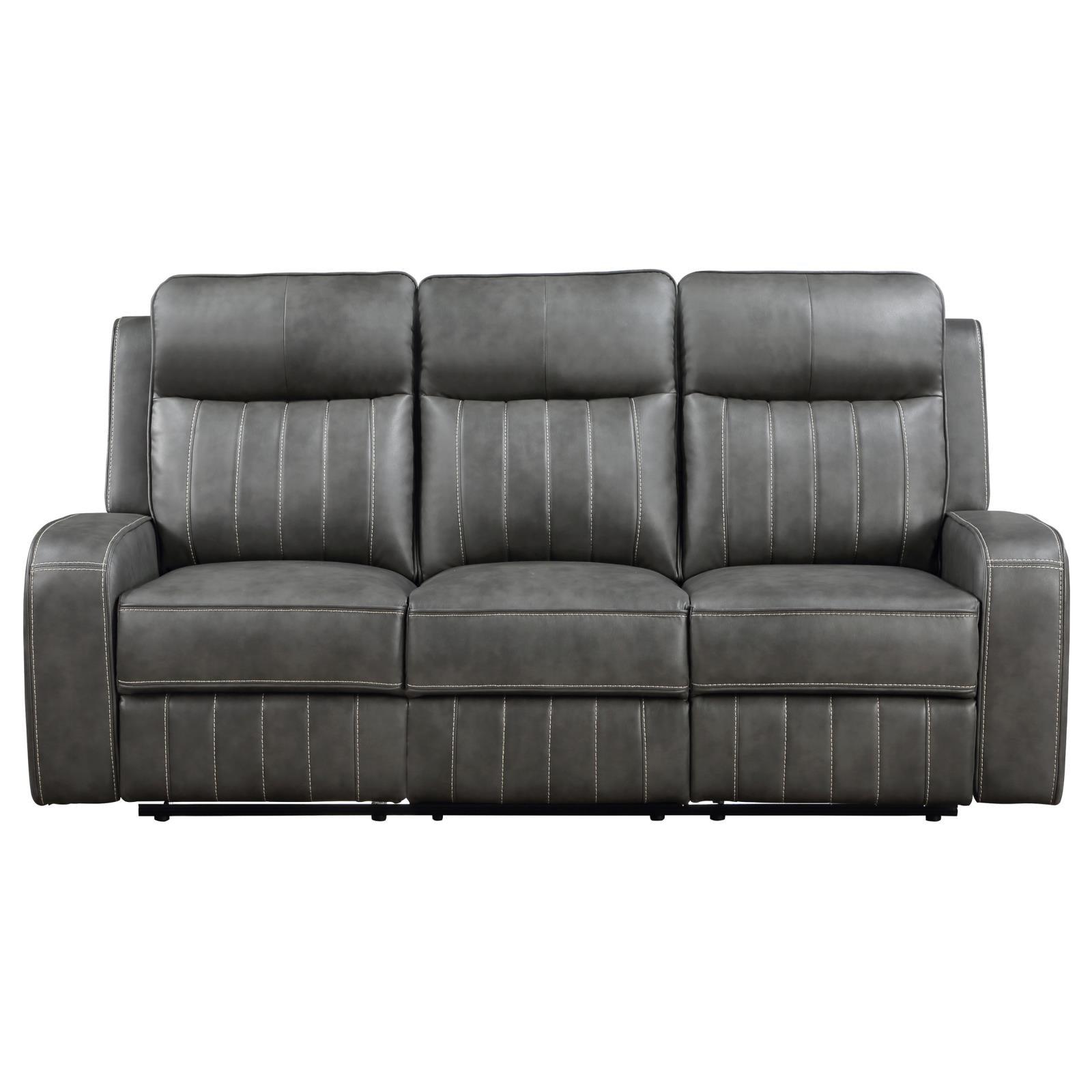 Close-up of grey leatherette upholstery with topstitching