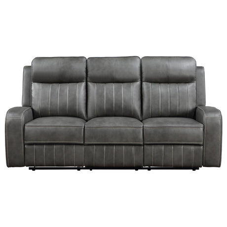 Close-up of grey leatherette upholstery with topstitching