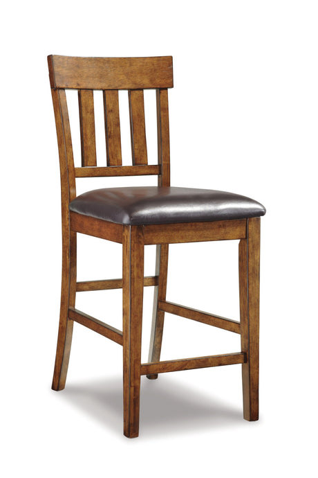 Side angle of Ralene Medium Brown bar stool showing cushion and wood finish