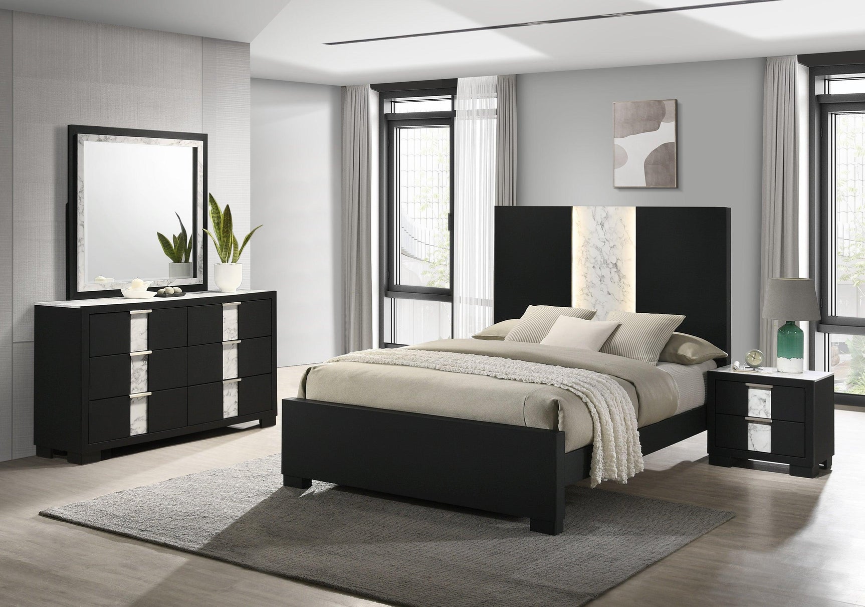 Rangley Black Modern Contemporary Solid Wood Marble 5-Drawers Chest - Ella Furniture
