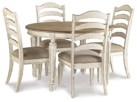 Oval dining table with extended leaf and upholstered chairs