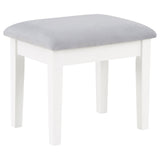 Gray fabric cushioned stool under vanity table