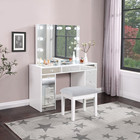 Vanity drawers with crystal knobs and felt-lined top drawer