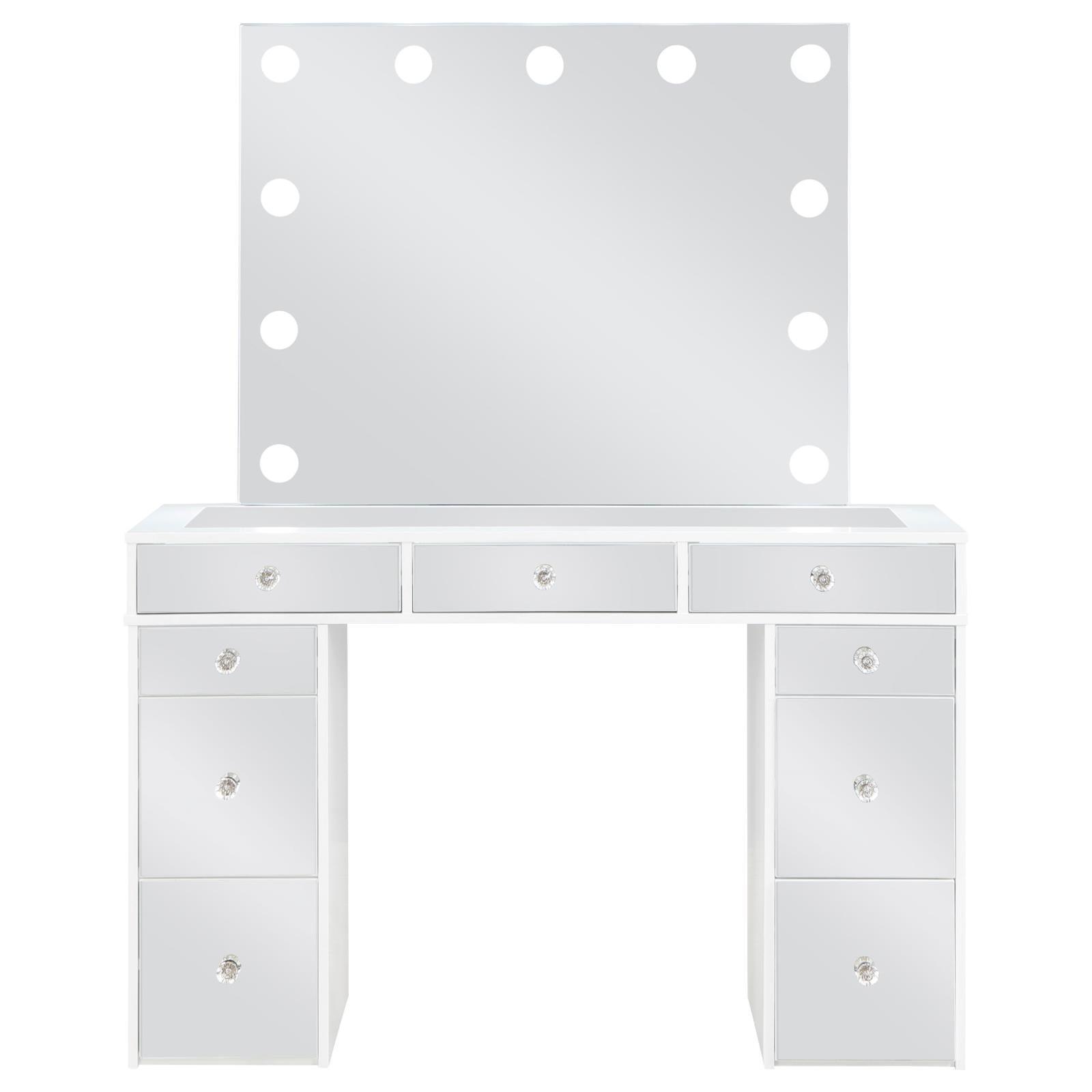 Close-up of vanity mirror surrounded by 11 light bulbs