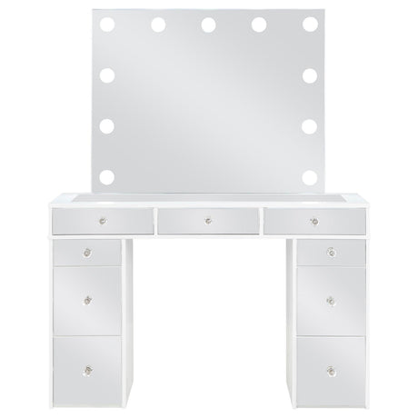 Close-up of vanity mirror surrounded by 11 light bulbs