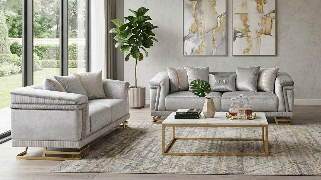 Amalfi Grey Crushed Velvet Sofa and Loveseat Set with Gold Geometric Bases and Pillows from Decor Furniture