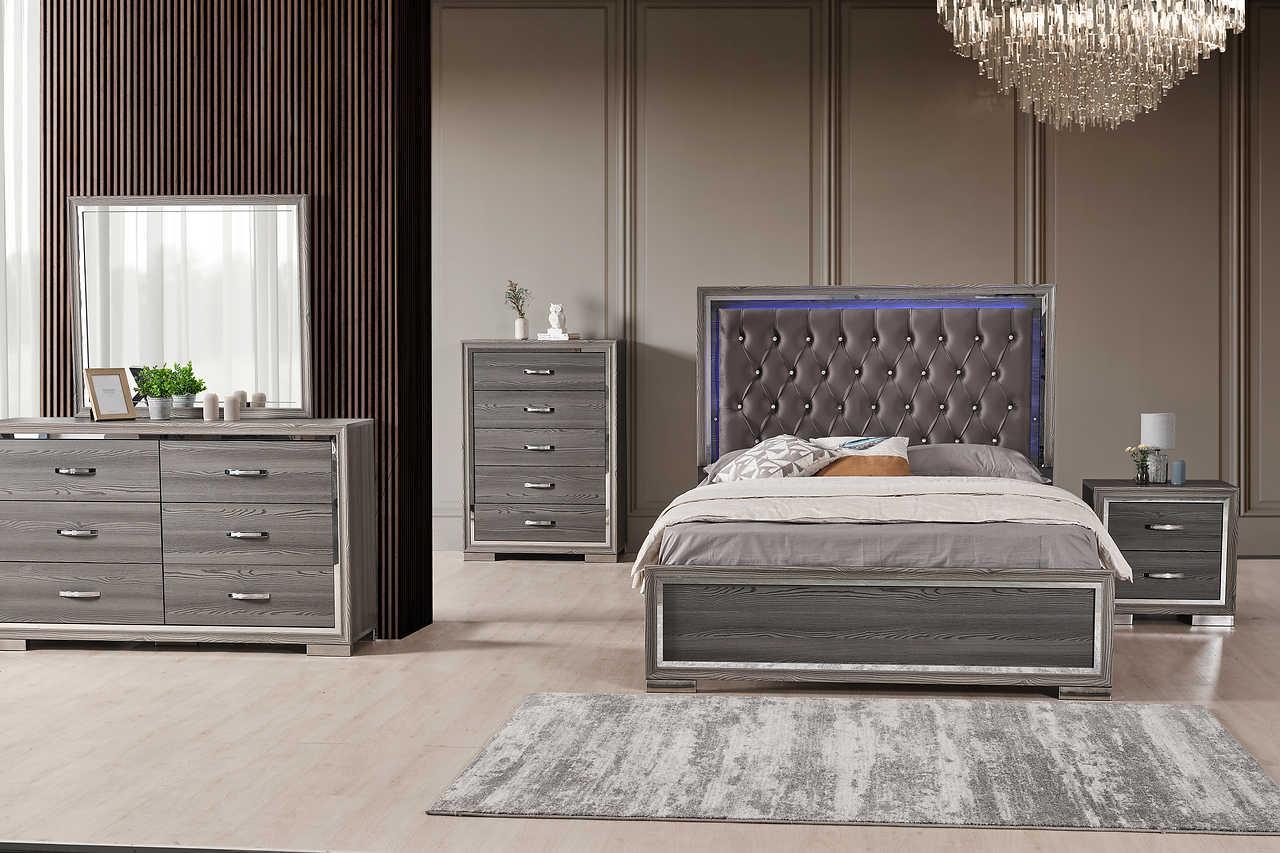 Rino Grey Upholstered Tufted King Panel Bed side view