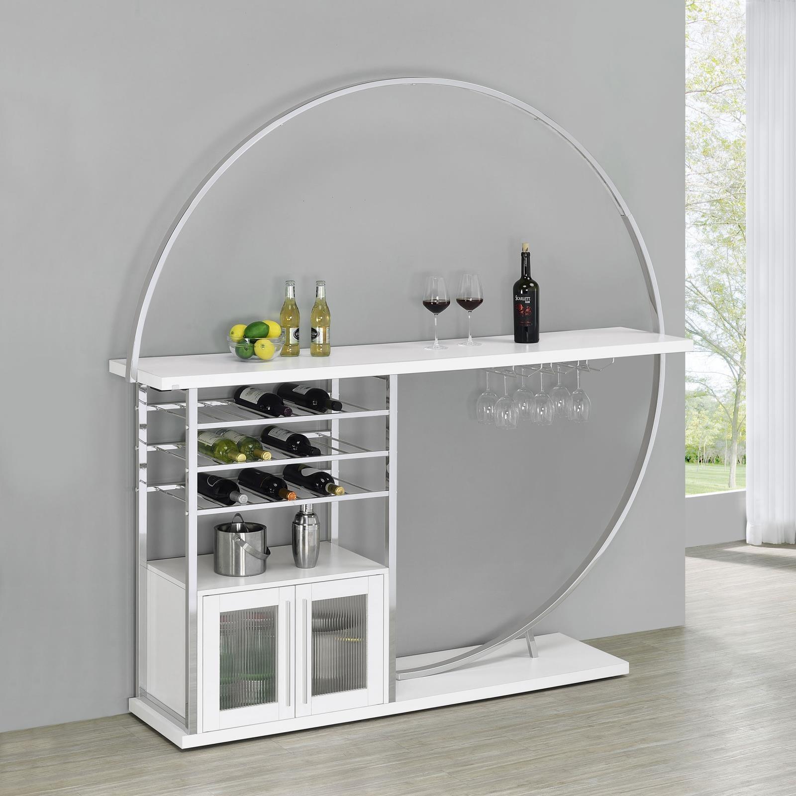 Risley 2-Door Circular LED Home Bar White High Gloss side view with wine storage