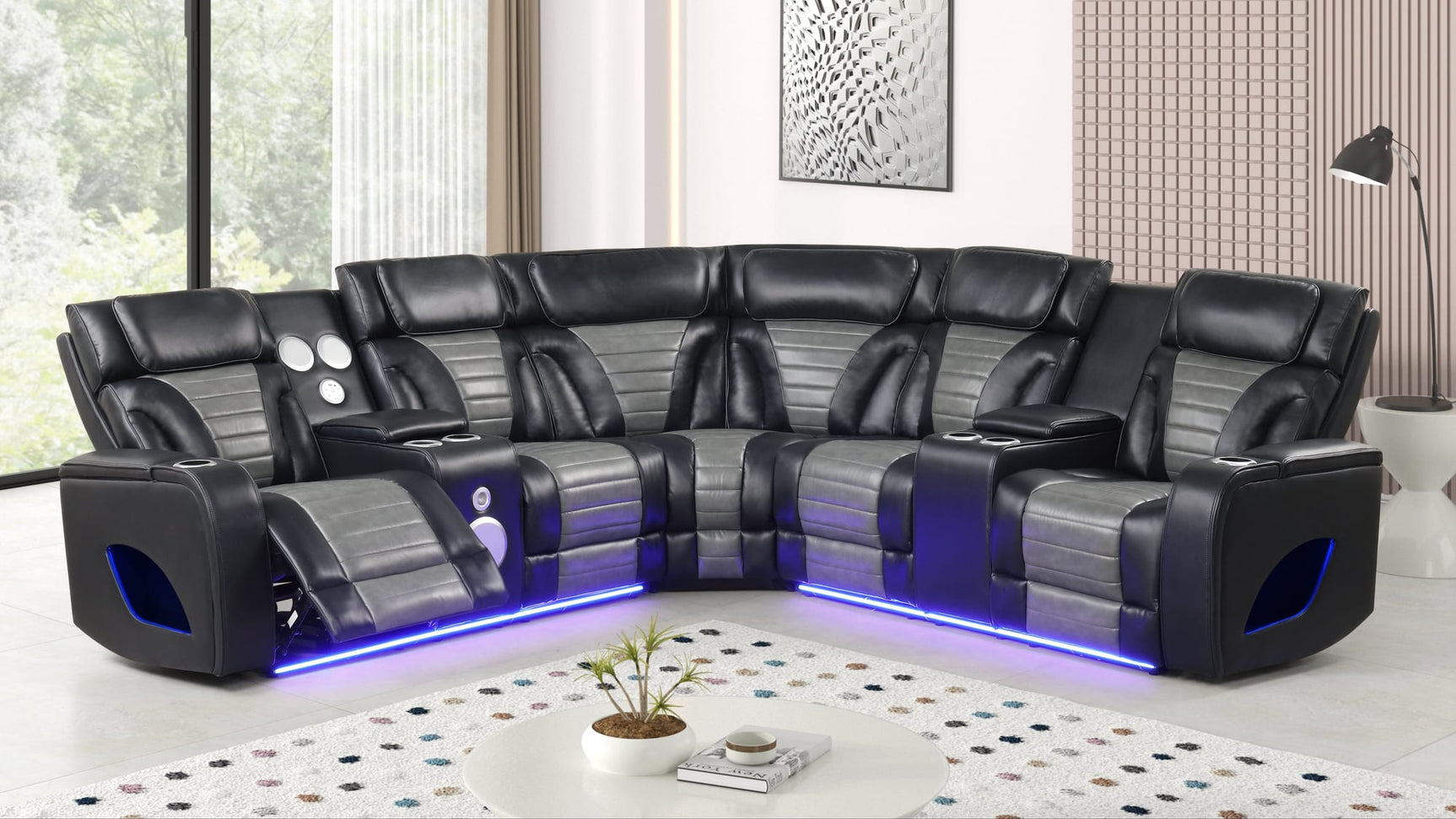 Robin Black Air Leather Power Reclining Sectional with Bluetooth and USB from Decor Furniture