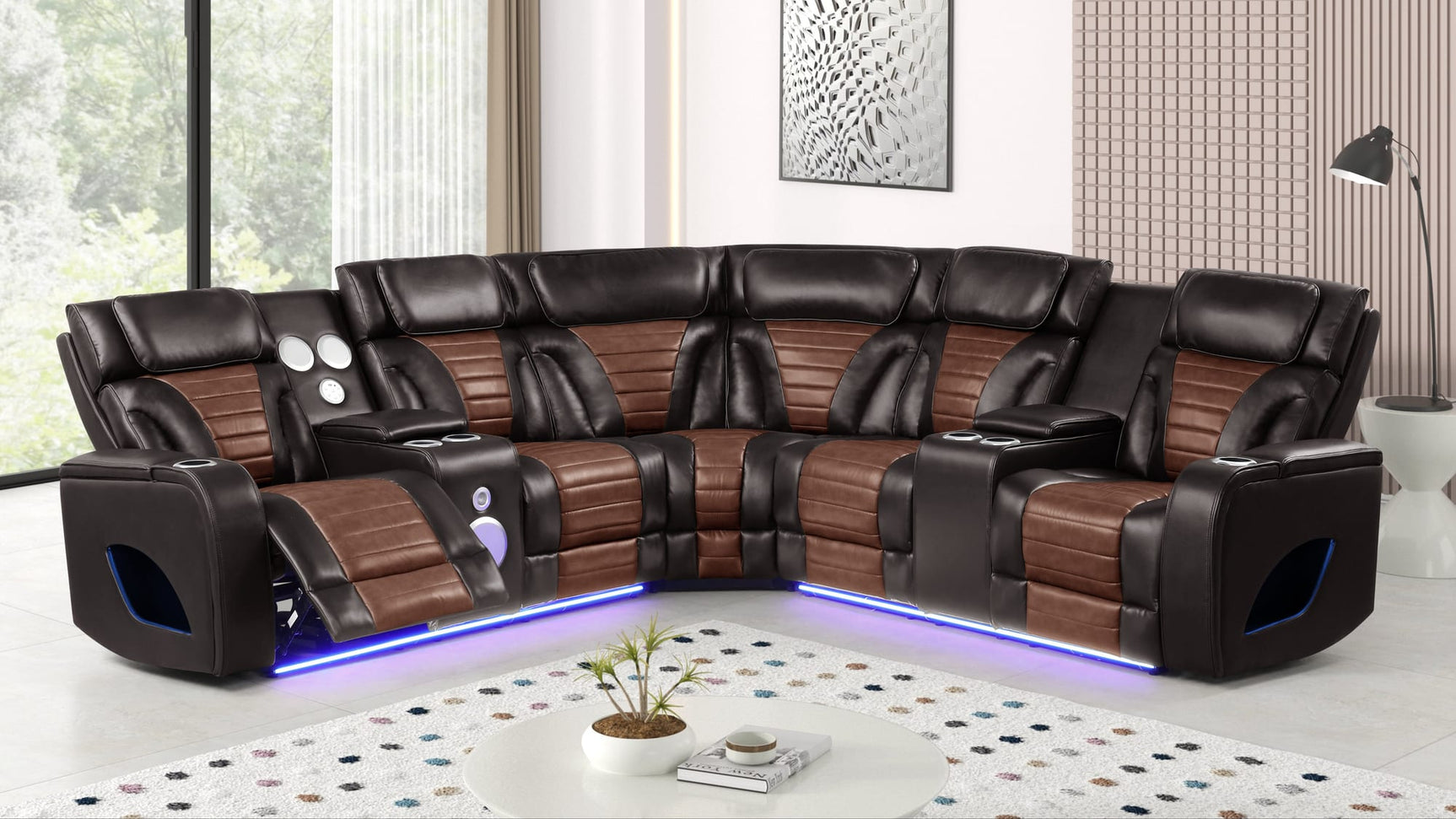 Robin Brown Air Leather Power Reclining Sectional with Bluetooth and USB from Decor Furniture
