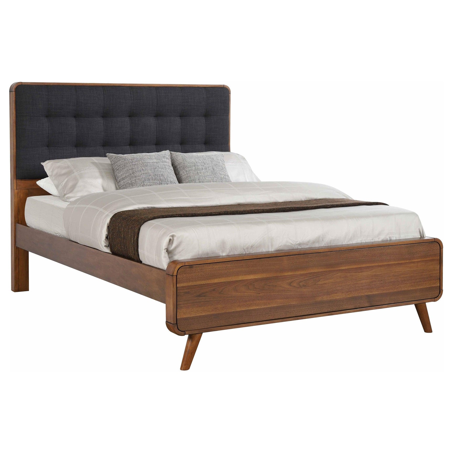 Side view of Robyn dark walnut upholstered headboard king bed