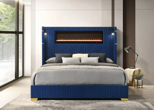 Romance Blue Upholstered LED Platform King Bed from Decor Furniture