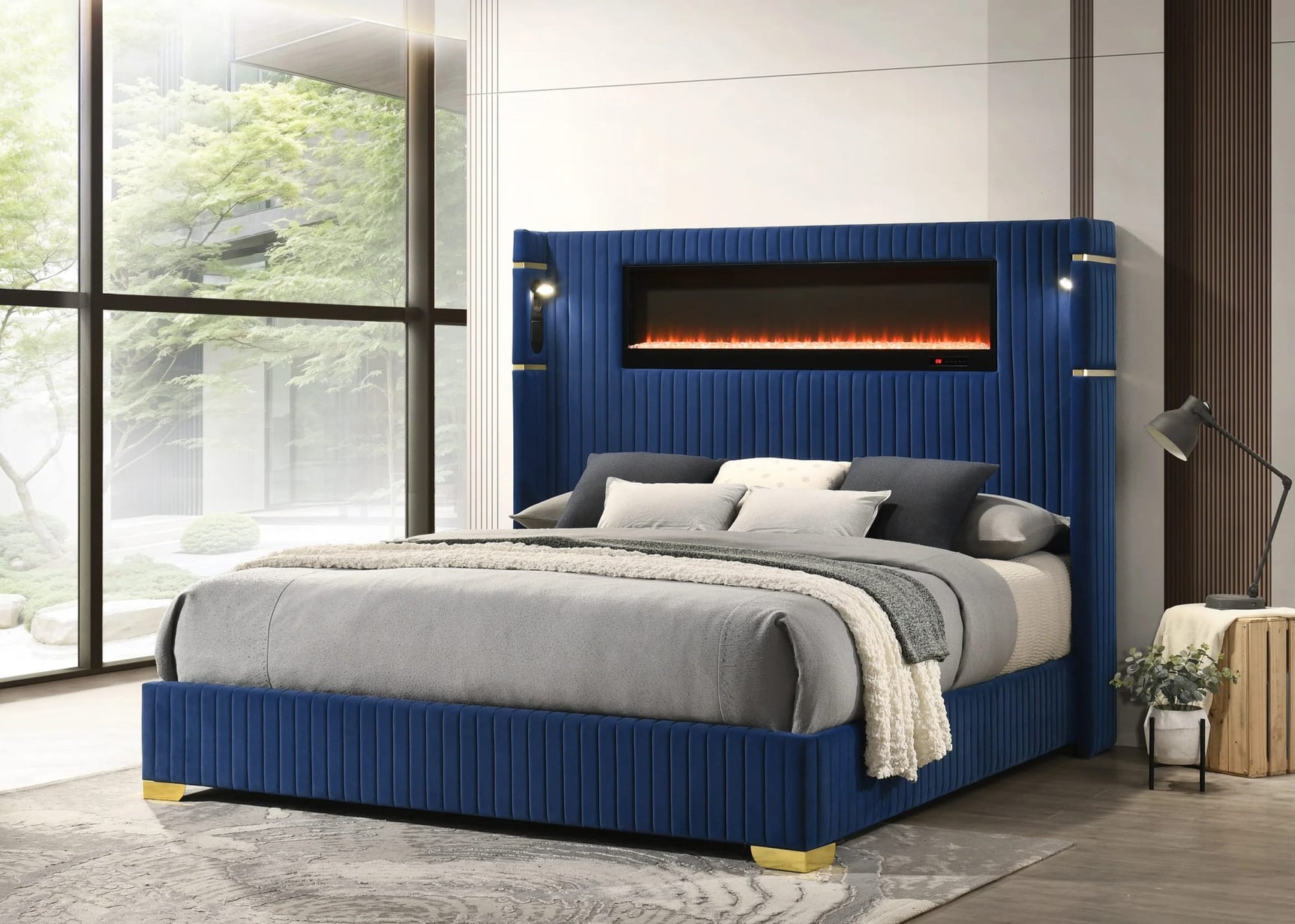 Romance Blue Upholstered LED Platform King Bed view 2