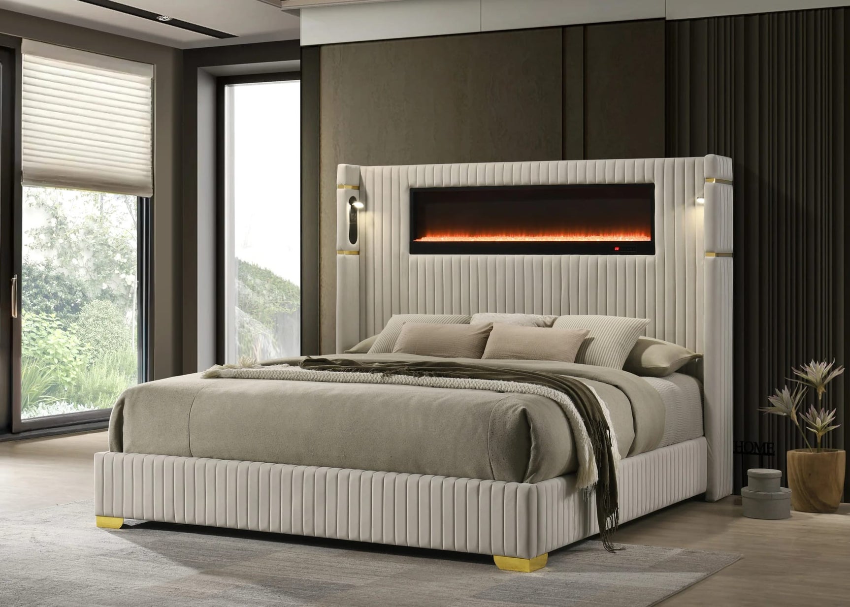 Romance Cream Upholstered LED Platform King Bed view 2
