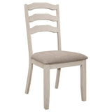 Close-up of seat upholstery and ladder back wood frame