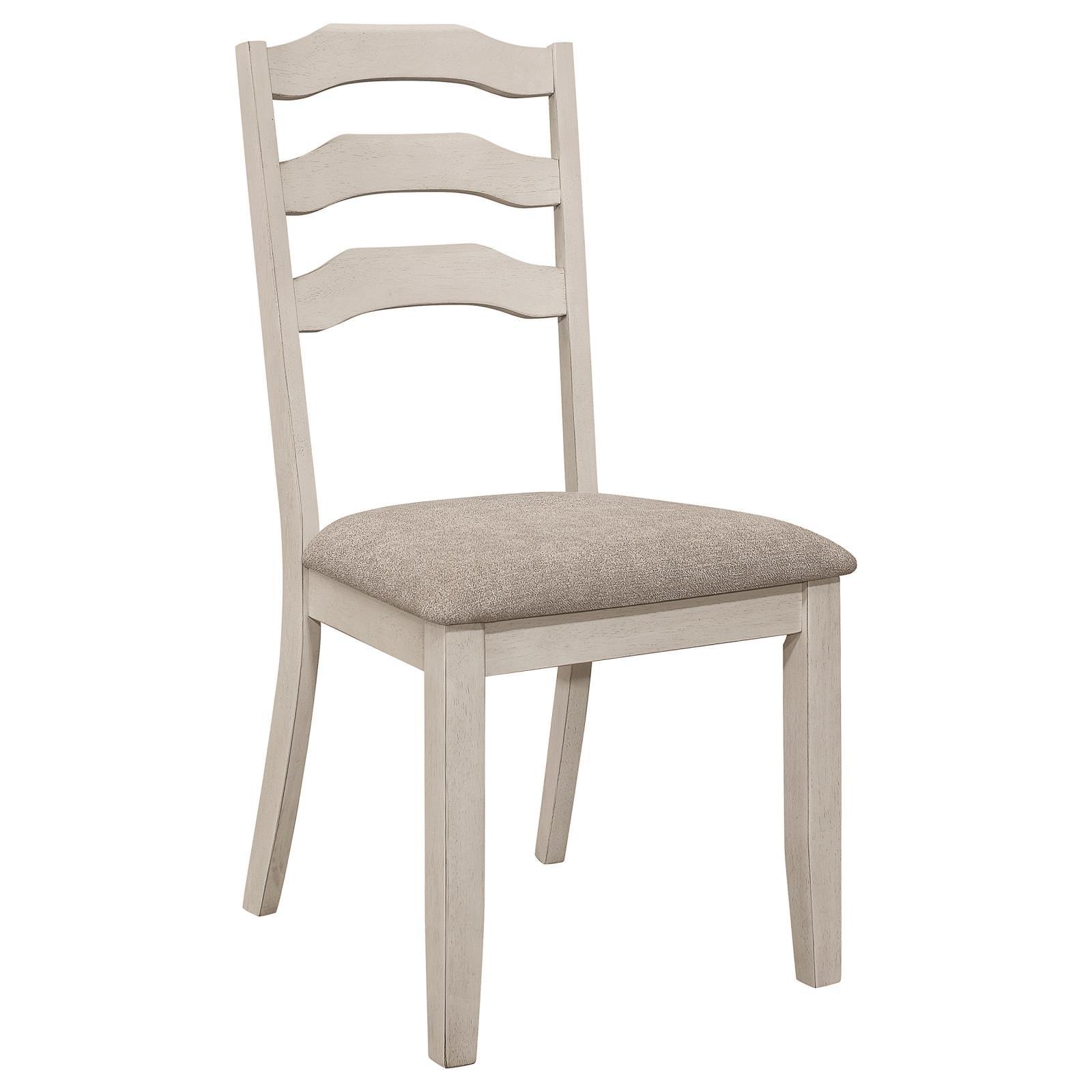Close-up of seat upholstery and ladder back wood frame