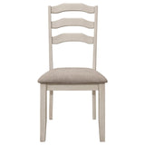Rustic cream distressed wood ladder back design detail