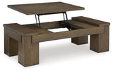 Rosswain Warm Brown Lift-top Coffee Table, side view with lift-top closed