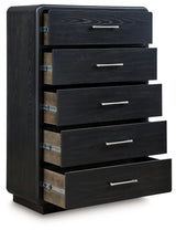 Close-up of burnished nickel-tone drawer pulls on Rowanbeck chest