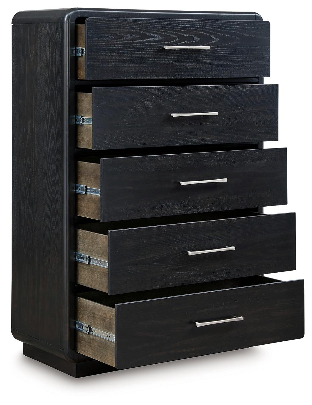 Close-up of burnished nickel-tone drawer pulls on Rowanbeck chest