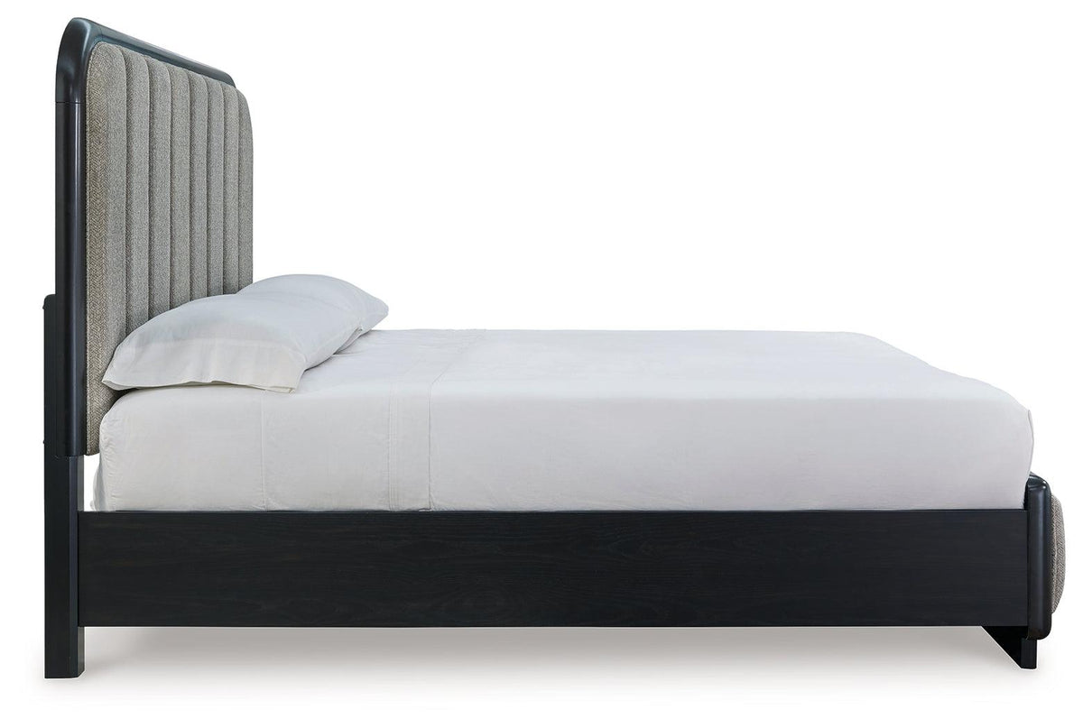 Side view of Rowanbeck Upholstered Bed rail and footboard