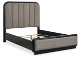 Rowanbeck Gray Black Queen Upholstered Panel Bed headboard close-up