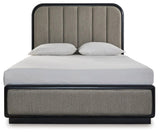 Rowanbeck Gray Black Queen Upholstered Panel Bed footboard detail