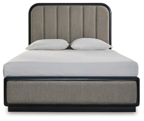 Rowanbeck Gray Black Queen Upholstered Panel Bed footboard detail