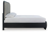 Rowanbeck Gray Black Queen Upholstered Panel Bed showcasing textured wood grain finish