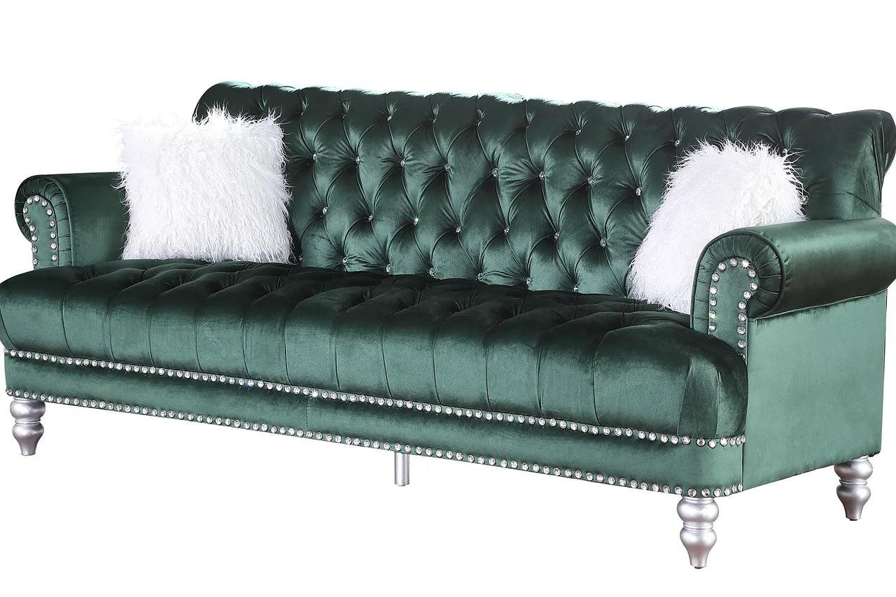 Side angle showing tufted details on Royal Green Living Room Set