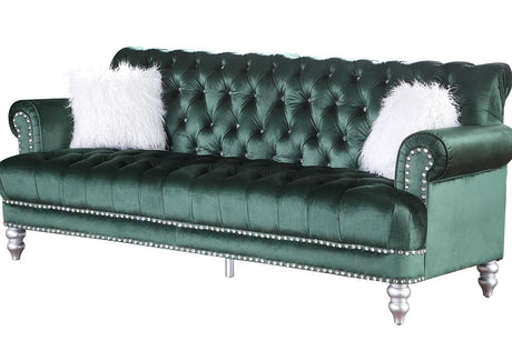 Side angle showing tufted details on Royal Green Living Room Set