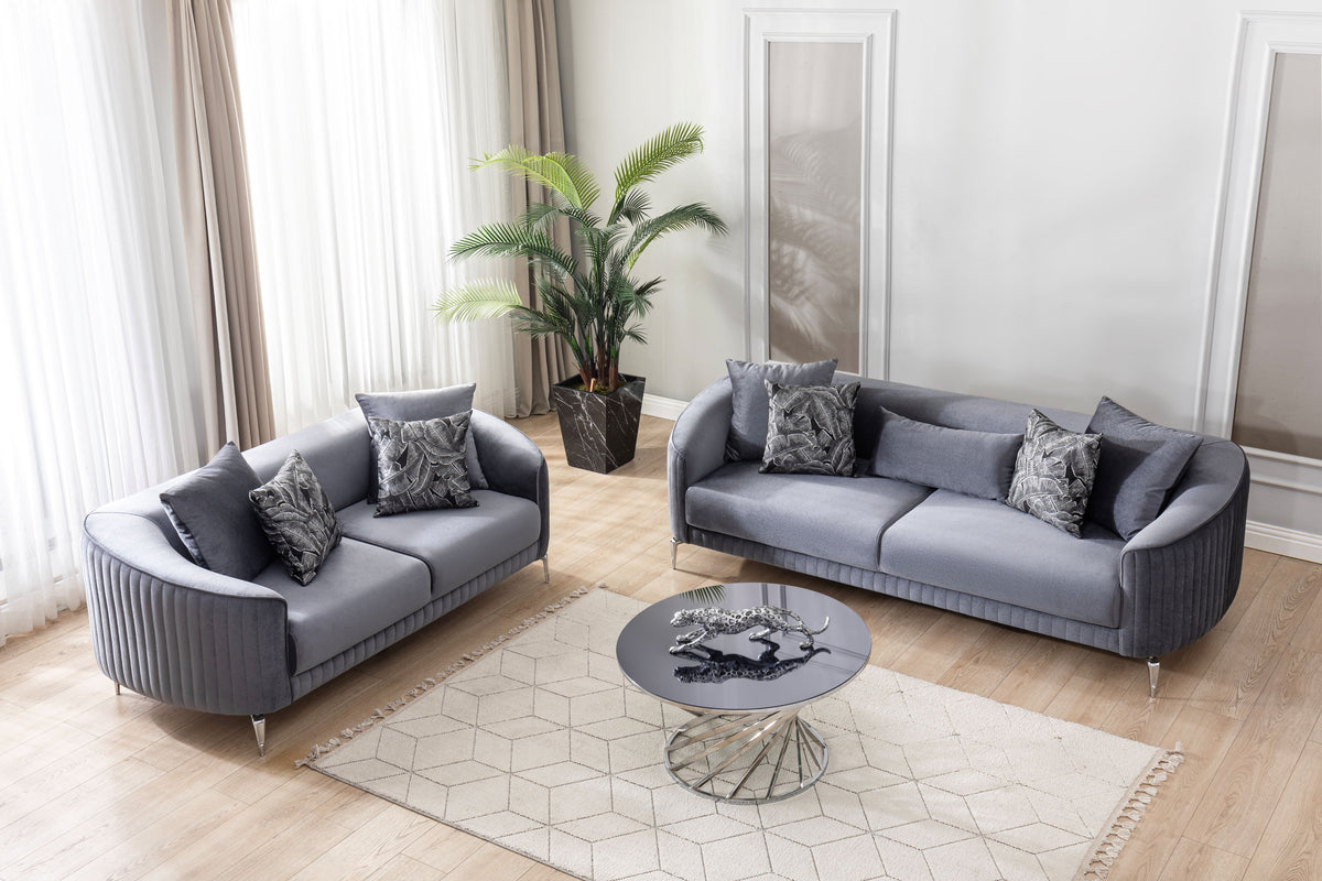 Side view of Linda Gray Velvet Sofa and Loveseat set
