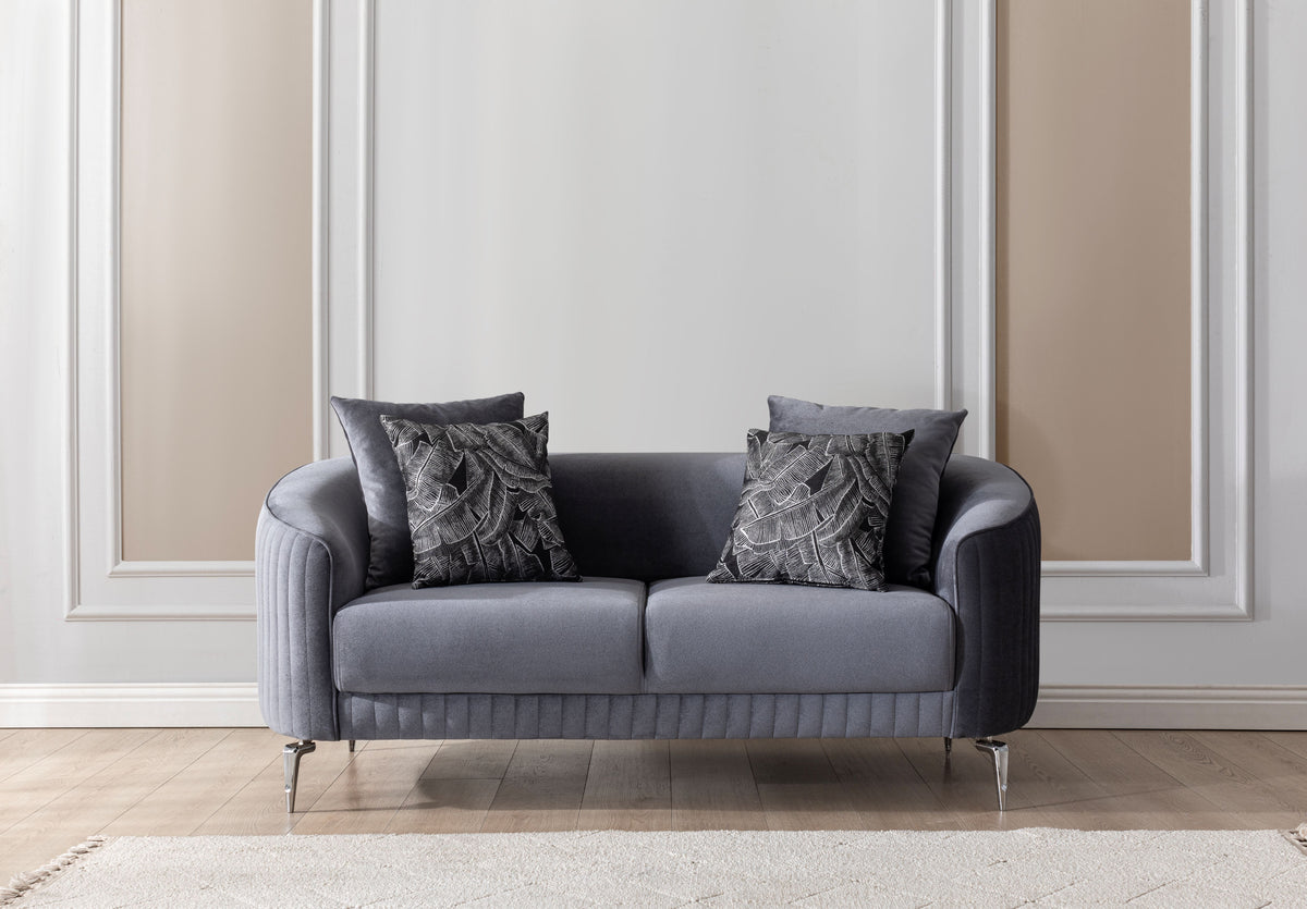 Front angle of Linda Gray Velvet Sofa and Loveseat