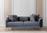 Detail view showing gray velvet upholstery