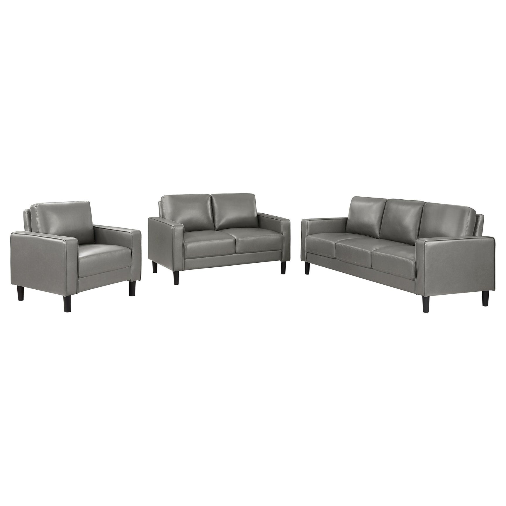 Side view of Ruth 3-Piece Grey Faux Leather Upholstered Sofa Set