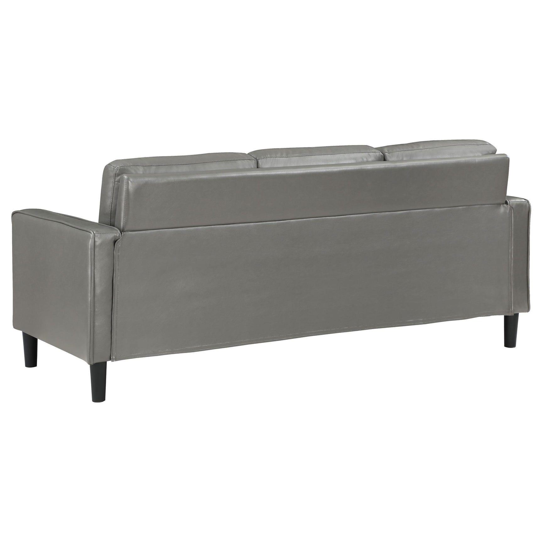 Side angle of loveseat in Ruth Grey Faux Leather Sofa Set